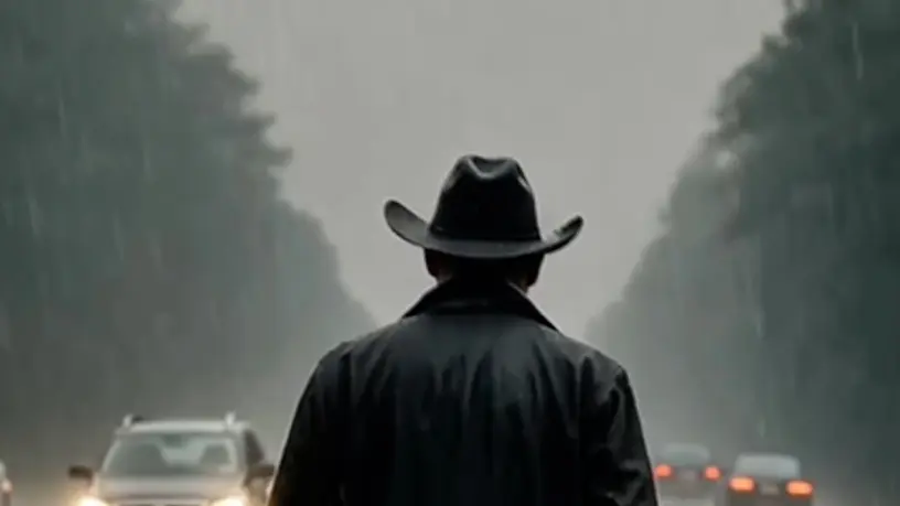 تصویر Breaking Rust - پشت مردی با کلاه کابوی در باران