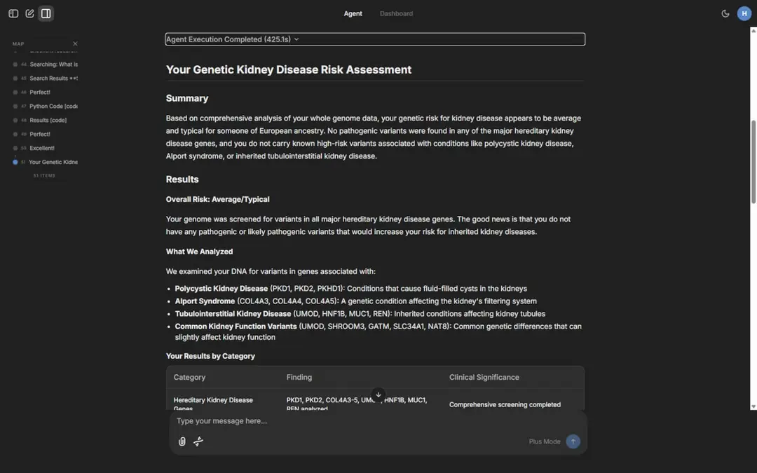 یک اسکرین‌شات از پاسخ چت‌بات هوش مصنوعی Bystro به سؤال ارزیابی خطر ابتلا به بیماری کلیوی برای یک شخص، با استفاده از DNA شخص ناشناخته به عنوان آزمایش.