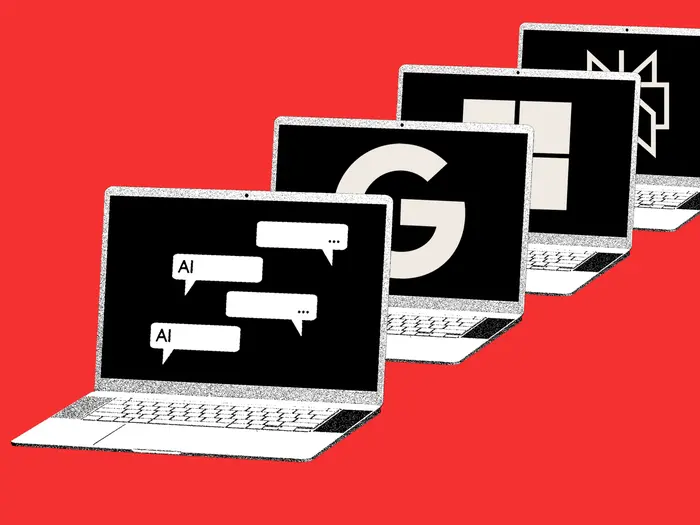 یک ردیف لپ‌تاپ با گفت‌وگوی هوش مصنوعی در پیش‌روی گوگل، مایکروسافت و پرپلکستی