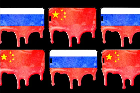 تصویر نمایشی از تلفن‌های هوشمند با پرچم‌های چین و روسیه که از صفحه نمایش می‌گریند