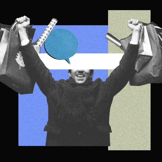 تصویرسازی یک مرد که چندین کیسه هدیه کریسمس را در دست دارد.