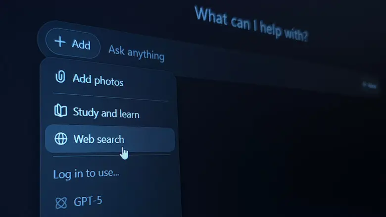 گزینهٔ جستجوی وب ChatGPT در صفحهٔ درخواست برجسته شده