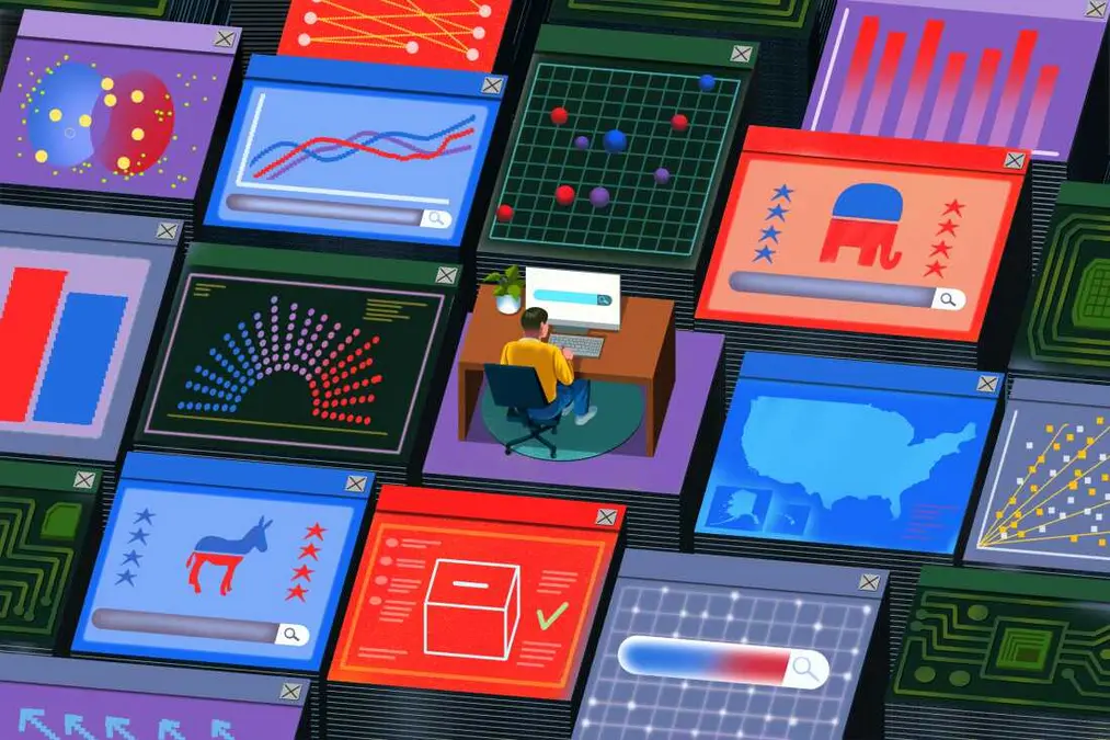 تصویری از مردی که پشت یک کامپیوتر نشسته و به‌صورت آنلاین به‌دنبال داده‌های سیاسی می‌گردد؛ اطرافش پنجره‌های مرورگر نشان‌دهندهٔ اطلاعات سیاسی است.