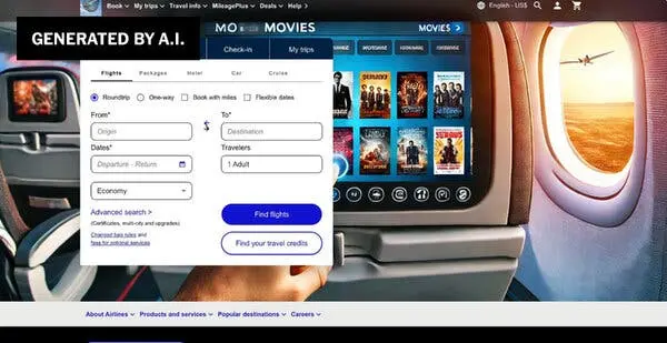 تصویری از وب‌سایتی شبیه به صفحهٔ رزرو یک شرکت هواپیمایی.